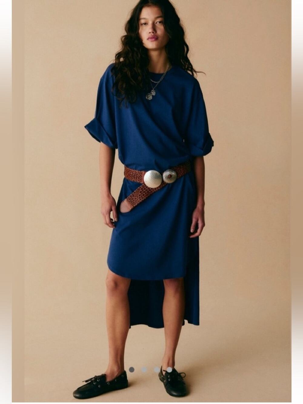 Free People Free-est Chrissa Blue Hi Lo T-shirt Midi Dress Cuffed Sleeve XS